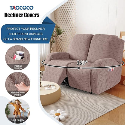 TAOCOCO Recliner Loveseat Cover, Stretch Jacquard Reclining Loveseat Cover Furniture Protector Sofa Slipcovers 2 Seat Recliner Covers with Elastic Bottom for Kids, Pets (Khaki)