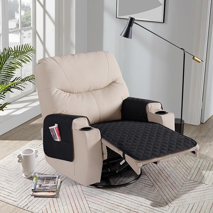 Ruaozz Waterproof Recliner Chair Covers Non Slip Chair Covers Washable Recliner Covers for Reclining Chair with Pockets Covers for Recliner Chair for Pets, Kids (Black, Medium-25'')