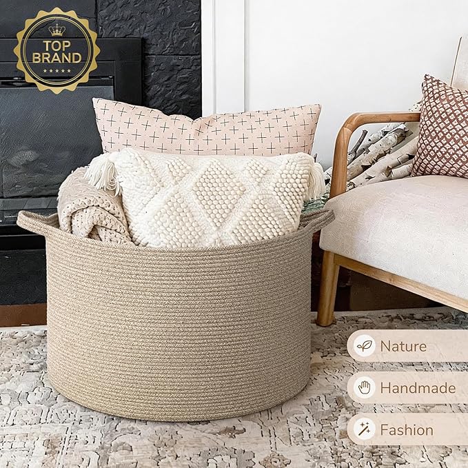 INDRESSME 115L Extra Large Woven Blanket Baskets for Storage, Toy Organizers and Storage Rope Baskets for Boys Girls Kids，Burr Basket Storage Bins for Decor Laundry Shoe, Brown