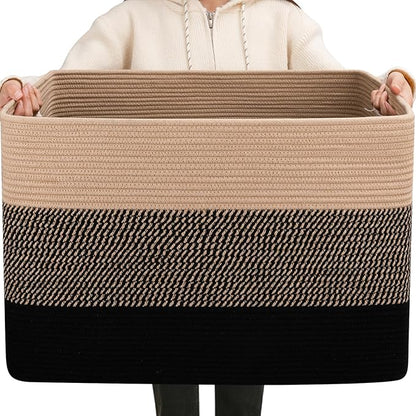 OIAHOMY 108L Super Large Blanket Basket, 25”x16”x16” Rectangle Woven Baskets for Storage, Cotton Rope Basket For Living Room, Toy Storage with Handle- Yellow and Black