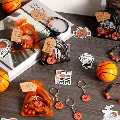 Basketball Party Favor Set Basketball Gift Bulk Charm Bracelets Keychains Sticker Organza Bags Thank You Tags for Basketball Team Party Supplies Boy Girl Classroom Reward Decoration Outdoor(130 Pcs)