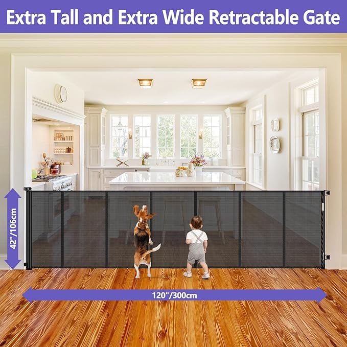 42 Inch Extra Tall Baby Gate 120 Inch Extra Wide Retractable Baby Gates for Large Openings, Upgraded Retractable Gate Keeps Pets from Getting Under Extra Tall Pet Gate, Indoor/Outdoor Long Baby Gate