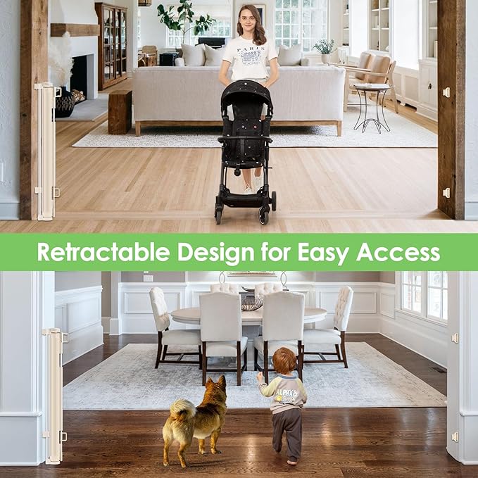 90 Inch Retractable Baby Gates Extra Wide Dog Gates for The House Extra Long Baby Gate for Stairs Child Gates for Wide Openings Large Dog Gate Indoor Outdoor Pet Gates for Dogs, Beige