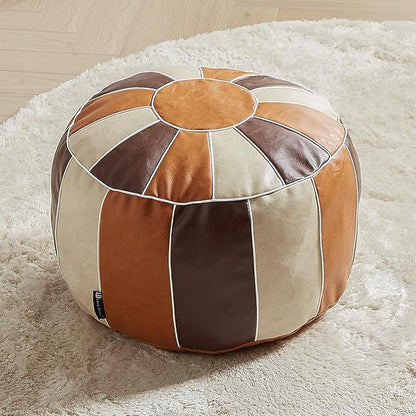 Louis Donné Unstuffed Pouf Ottoman Cover, Faux Leather Foot Stool for Foot Rest, Moroccan Style Pouffe Ottomans, 21" Round Handmade Small Bean Bag Covers for Storage, Footstools for Living Room