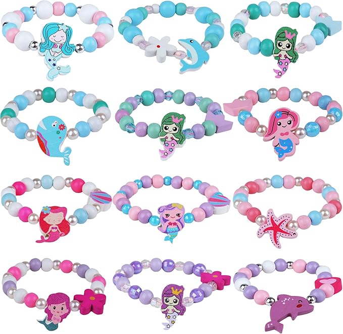 Kids Bracelets Mermaid Party Favors - 12 Pack Cute Toddlers Little Girls Ocean Wooden Beaded Bracelets, Costume Play Jewelry Princess Birthday Goodie Bag Stuffers Pinata filler Classroom Prize Gifts