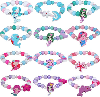 Kids Bracelets Mermaid Party Favors - 12 Pack Cute Toddlers Little Girls Ocean Wooden Beaded Bracelets, Costume Play Jewelry Princess Birthday Goodie Bag Stuffers Pinata filler Classroom Prize Gifts