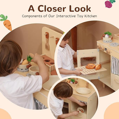 Play Kitchen for Kids, Classic Wooden Kitchen Playset with Food Accessories Set Ideal for Creative Pretend Play, Suitable for Toddlers, Girls & Boys Ages 3+