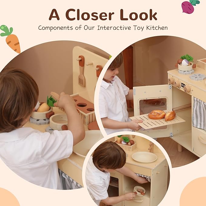 Play Kitchen for Kids, Classic Wooden Kitchen Playset with Food Accessories Set Ideal for Creative Pretend Play, Suitable for Toddlers, Girls & Boys Ages 3+