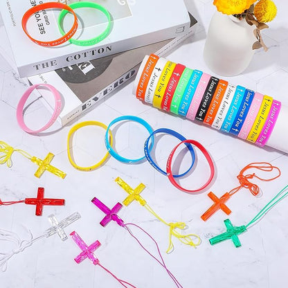 PerKoop 120 Pcs Christian Gifts Include Jesus Loves You Silicone Bracelets and Plastic Cross Necklace for Christian Party Favors