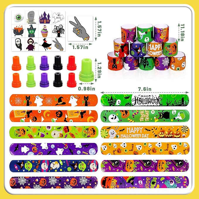 Garma Halloween Party Favors Toys for Kids, 25 Pcs Halloween Assorted Stamps with 12 Pcs Slap Bracelets and 288 Tattoos Halloween Goody Bag Fillers for Classroom Reward Prize Non Candy Party Supplies