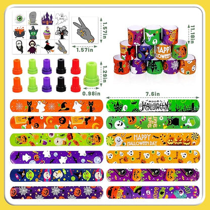 Garma Halloween Party Favors Toys for Kids, 25 Pcs Halloween Assorted Stamps with 12 Pcs Slap Bracelets and 288 Tattoos Halloween Goody Bag Fillers for Classroom Reward Prize Non Candy Party Supplies