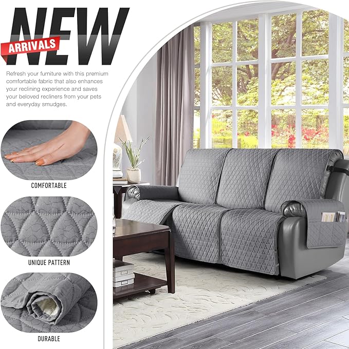TAOCOCO 100% Waterproof Recliner Sofa Cover-Non Slip Split Couch Covers for Reclining Couches with Elastic Straps,Couch Covers for 3 Cushion Couch Sofa Pet Friendly(Light Gray, 3 Seater)