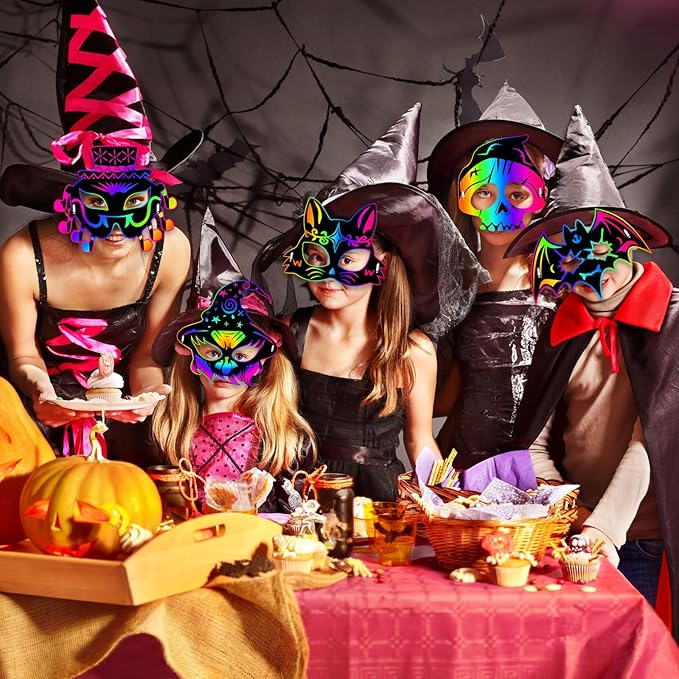 JMUQ Halloween Crafts Scratch Mask for Kids, 36Pcs Halloween Games Scratch Art Craft Kit Rainbow Scratch Paper for Halloween Party Favors Supplies Classroom Favors Halloween Activities