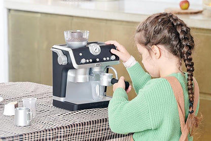 Casdon De'Longhi Toys Barista Coffee Machine. Toy Kitchen Playset for Kids with Moving Parts, Realistic Sounds and Magic Coffee Reveal. For Children Aged 3+, Silver, Black