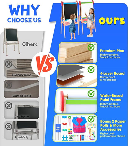 Art Easel for Kids, 3 in 1 Adjustable Double Sided Kids Easel with Magnetic Whiteboard, Chalkboard, 2 Paper Rolls and Accessories, All in One Wooden Toddler Easel, Art Easel for Kids Ages 2-4 4-8 8-12