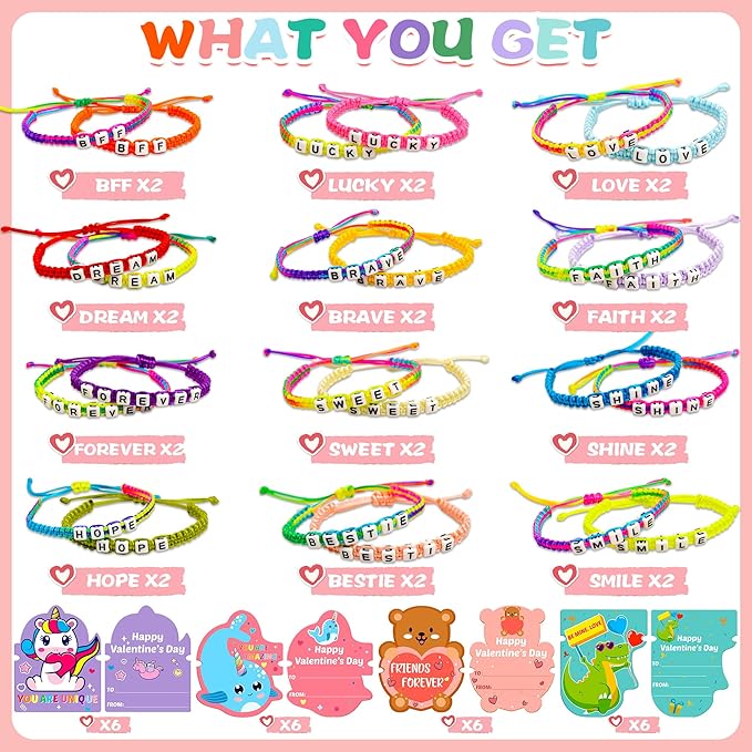 Valentines Day Cards for Kids School with Bracelets 24 Pack, Valentines Day Gifts for Kids Classroom with Friendship Bead Bracelets, Exchange Gift Valentine Party Favors for Kids Girls Boys