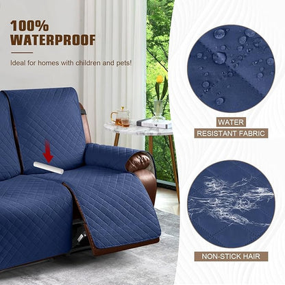 KinCam Waterproof Loveseat Recliner Cover, Non-Slip Reclining Couch Covers for 2 Seat, Recliner Sofa Cover Furniture Protector with Elastic Straps for Kids, Pets, Blue