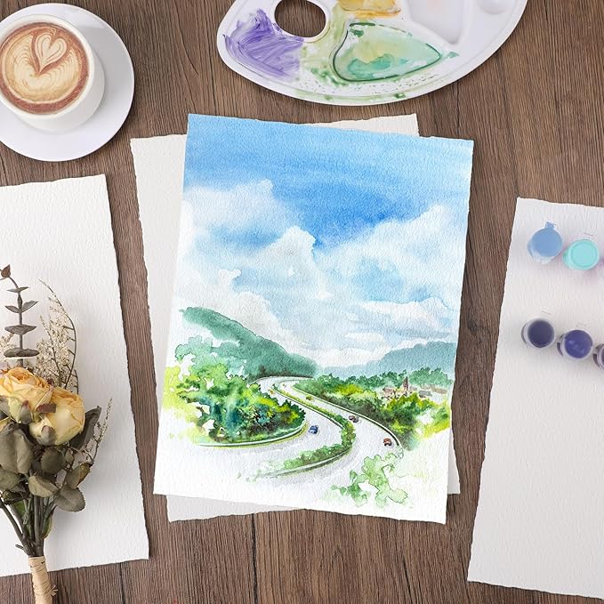 25 Sheets Watercolor Paper 9X 12, 300 GSM Deckled Edge Paper Rough/Textured Handmade Paper for Watercolors, Wedding Invitations, Cards, Crafts