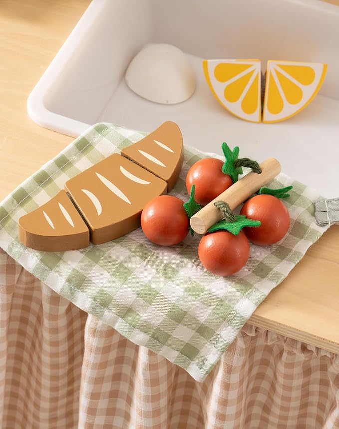 ROBOTIME Play Toy Food for Play Kitchen, Wooden Kids Play Kitchen Knife Set – Kids Kitchen Accessories with Cutting Board, Wooden Fruits, Vegetables, Bread, and Cooking Tools for Toddlers Boys Girls