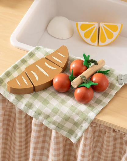 ROBOTIME Play Toy Food for Play Kitchen, Wooden Kids Play Kitchen Knife Set – Kids Kitchen Accessories with Cutting Board, Wooden Fruits, Vegetables, Bread, and Cooking Tools for Toddlers Boys Girls