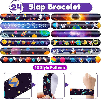 48PCS Space Party Favors - 24PCS Tattoos & 24PCS Slap Bracelets - Astronaut & UFO Birthday Supplies, Classroom Prizes, Party Gifts for Kids & Boys