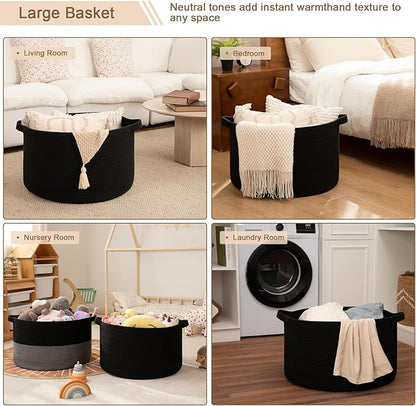 OIAHOMY 90L XXXLarge Blanket Basket for Living Room, 21.7" x 13.8" Woven Cotton Rope Laundry Basket for Organizing Pillows, Decorative Stuffed Animal Toy Storage Bin for Nursery, Black