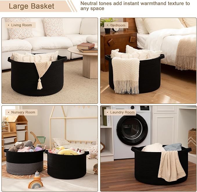 OIAHOMY 115L Extra Large Blanket Basket, 23.6" x 15.4" Woven Cotton Rope Laundry Basket for Organizing Pillows, Decorative Stuffed Animal Toy Storage Bin for Nursery, Black