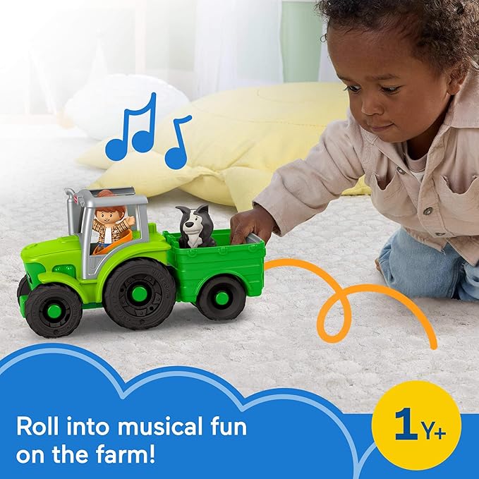 Fisher-Price Little People Toddler Toy Push & Play Tractor Push-Along Musical Farm Vehicle with 2 Figures for Pretend Play Kids Ages 1+ Years