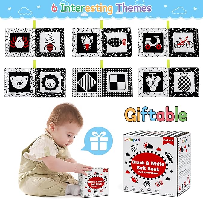 Dr.Rapeti Soft Cloth Books Baby Books Bath Books 6-Pack for Baby Infant Toddler Kids High Contrast Black and White Crinkle Washable Chewable Non-Toxic Early Educational Giftable