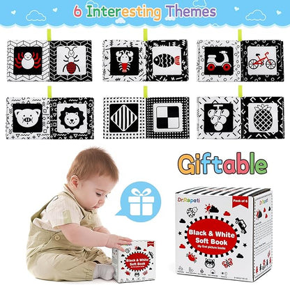 Dr.Rapeti Soft Cloth Books Baby Books Bath Books 6-Pack for Baby Infant Toddler Kids High Contrast Black and White Crinkle Washable Chewable Non-Toxic Early Educational Giftable