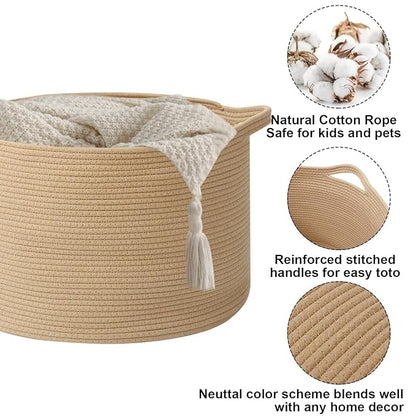 90L Large Blanket Basket, 21.7"x 21.7"x 13.8" Rope Woven Storage Basket with Handles, Laundry Hamper for Toys, Clothes, Pillows & Towels, Perfect for Living Room, Nursery & Bedroom,Camel