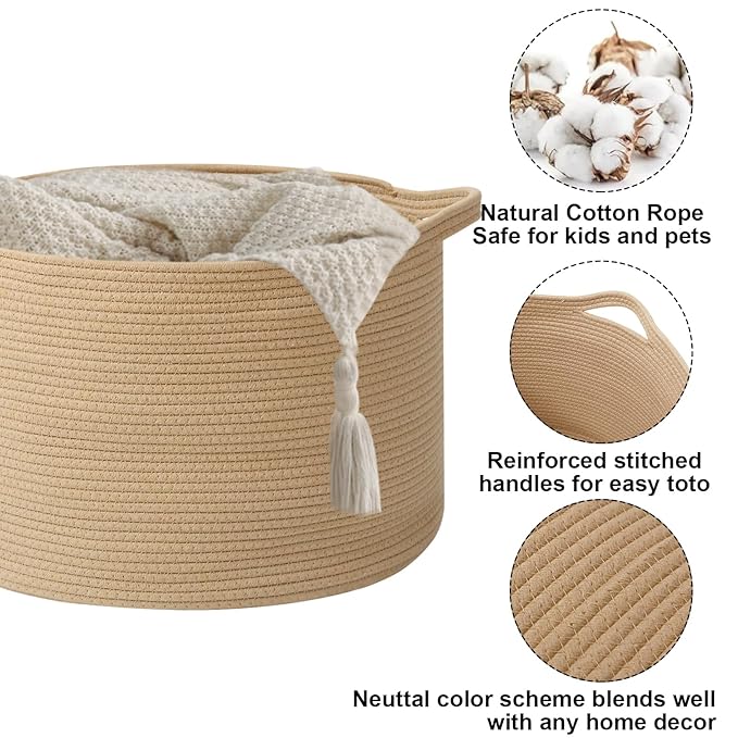 115L Extra Large Woven Cotton Rope Blanket Basket with Handles, Laundry Hamper Storage Bin for Pillows, Comforters,Clothes, Toys, Nursery, Bedroom and Living Room Organization,Camel