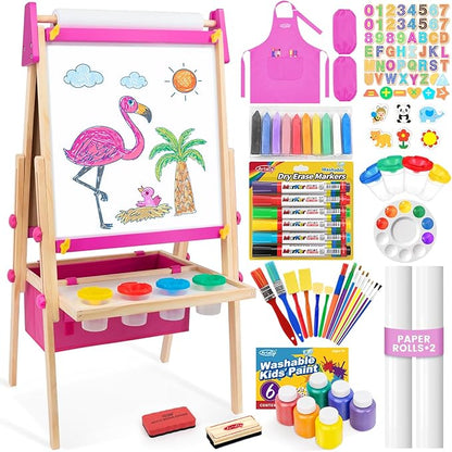 Art Easel for Kids Easel for Toddlers, Adjustable Wooden Kids Drawing Easel with Magnetic Whiteboard & Chalkboard, Kids Dry Erase Board, Easel for Kids Ages 3 4-8 9-12, Pink w/Bag