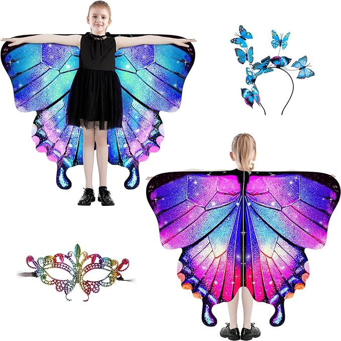 Butterfly Wings For Girls, Double-Sided Fairy Wings, Halloween Costumes for Kids, 3PCS Butterfly Cape Set.