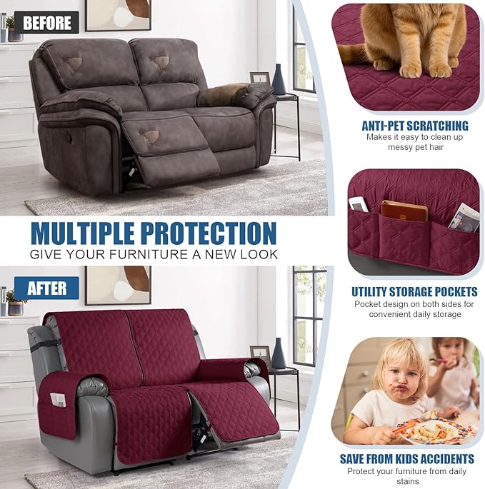TAOCOCO 100% Waterproof Recliner Covers, Recliner Sofa Covers with Leg Straps, Reversible Recliner Couch Cover for Reclining Chair, Washable Couch Protector for Pets Kids(2 Seater, Wine)