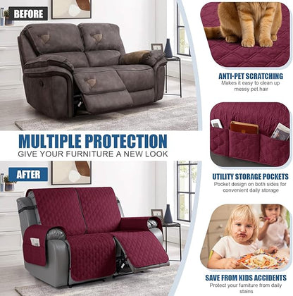 TAOCOCO 100% Waterproof Recliner Covers, Recliner Sofa Covers with Leg Straps, Reversible Recliner Couch Cover for Reclining Chair, Washable Couch Protector for Pets Kids(2 Seater, Wine)
