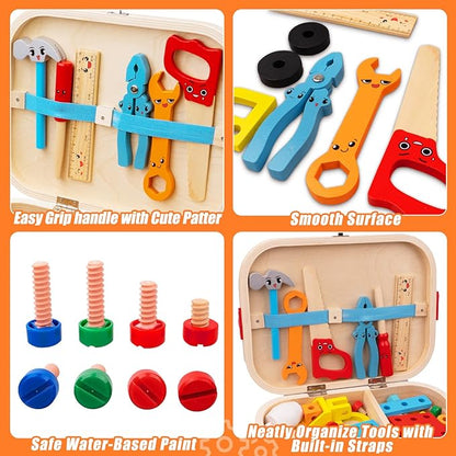 56 Pcs Kids Tool Set for Toddlers, Montessori Educational STEM Toys, Construction Learning Toys with Tool Box, Wooden Building Kit for 3 4 5 6 7 8 9 10 Years Old Boys Girls Birthday Gifts