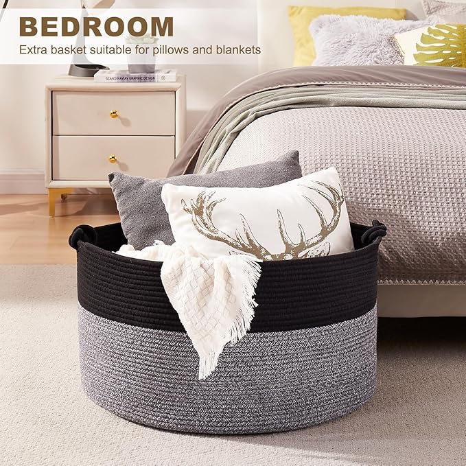 OIASKET Large Blanket Storage Basket for Living Room, 22.8" x 22.8" x 13" Woven Cotton Rope Basket with Handles, Baby Toy Storage, Laundry Hamper for Clothes, Pillows, Towels-Black and Grey