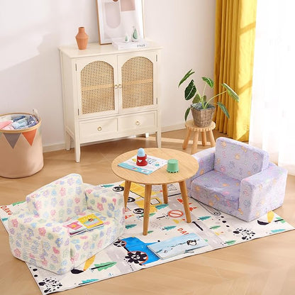 Tiita Kids Sofa, 2-in-1 Kids Sofa Chair, Convertible Children Couch to Lounger, Flip Out Kids Sofa Chair, Toddler Armrest Chair Bed, Folding Kids Play Sofa for Girl or Boy, White Flower