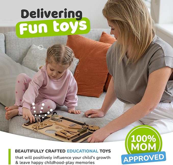 Busy Board Montessori Toys for Toddlers, Sensory Wooden Toy with 10 Preschool Learning Activities for Fine Motor Skills, Educational Plane and Car Travel Toy for Toddlers Boys and Girls