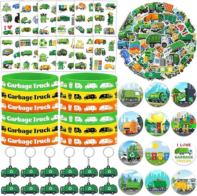 110 PCS Garbage Truck Party Favors, Garbage Trash Truck Tattoos Silicone Bracelets Keychains Stickers Badges for Garbage Truck Birthday Party Decorations Supplies Gifts for Kids Classroom Rewards