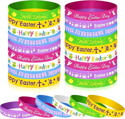 NEBURORA 24 Pcs Easter Rubber Bracelets Bunny Rabbit Egg Chick Flower Carrot Silicone Wristbands for Spring Happy Easter Party Favors Baskets Stuffers Egg Fillers