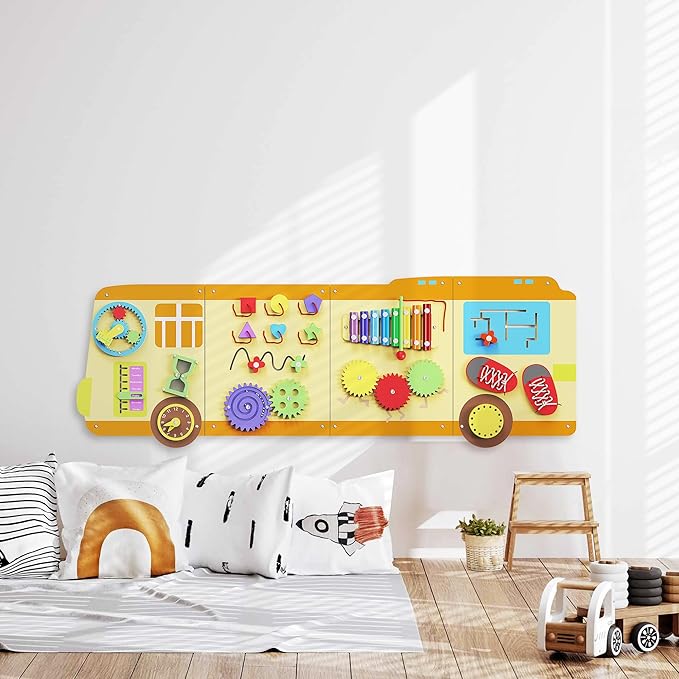 BlueWood 2024 8 in 1 Pikler Triangle Climbing Set, School Bus Wall Busy Board Panels