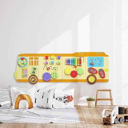 BlueWood 2024 8 in 1 Pikler Triangle Climbing Set, School Bus Wall Busy Board Panels