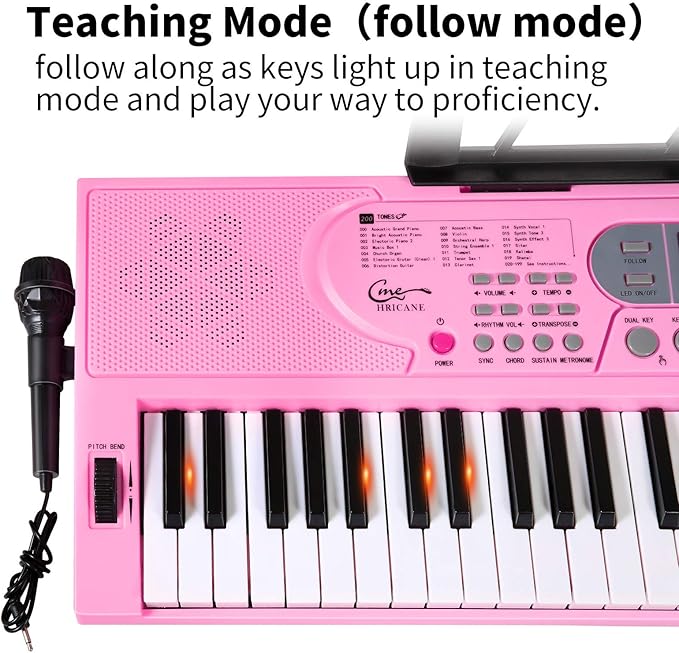 Hricane Keyboard Piano Lighted Keys for Beginner Adults Teens Kids, 61 Key Electronic Music Keyboard with Teaching Modes Powered by USB or Battery with LCD Display Microphone Headphone Jack