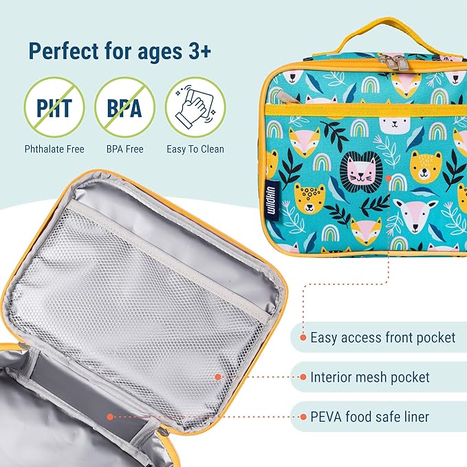 Wildkin Kids Insulated Lunch Box Bag for Boys & Girls, Reusable Kids Lunch Box is Perfect for Early Elementary Daycare School Travel, Ideal for Hot or Cold Snacks & Bento Boxes (Party Animals)