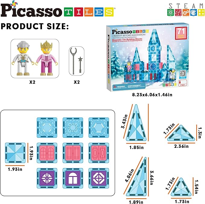 PicassoTiles 71pc Mini Diamond Series Winter Ice Theme Magnetic Tile Building Blocks 2 Character Action Figures Travel Size On-The-Go Magnet Construction Toy Set STEM Development Kit Ages 3+ PTM71