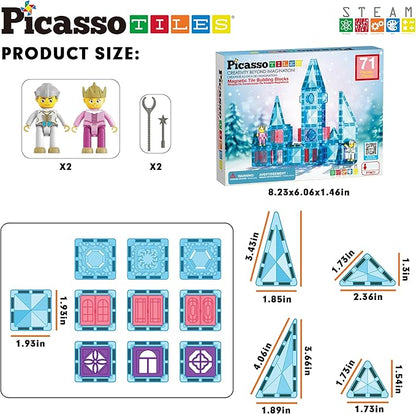 PicassoTiles 71pc Mini Diamond Series Winter Ice Theme Magnetic Tile Building Blocks 2 Character Action Figures Travel Size On-The-Go Magnet Construction Toy Set STEM Development Kit Ages 3+ PTM71