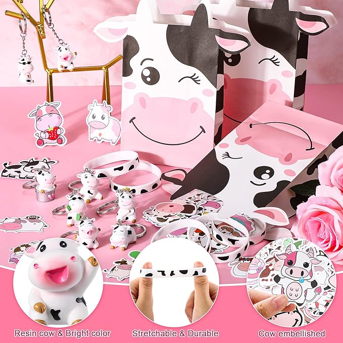 122 Pcs Cow Party Favors Supplies Include Cow Keychains Cow Silicone Bracelets Cow Party Paper Bags Treat Bags Cow Vinyl Stickers for Girls Kids Cow Farm Animals Cowboy Birthday Party Supplies
