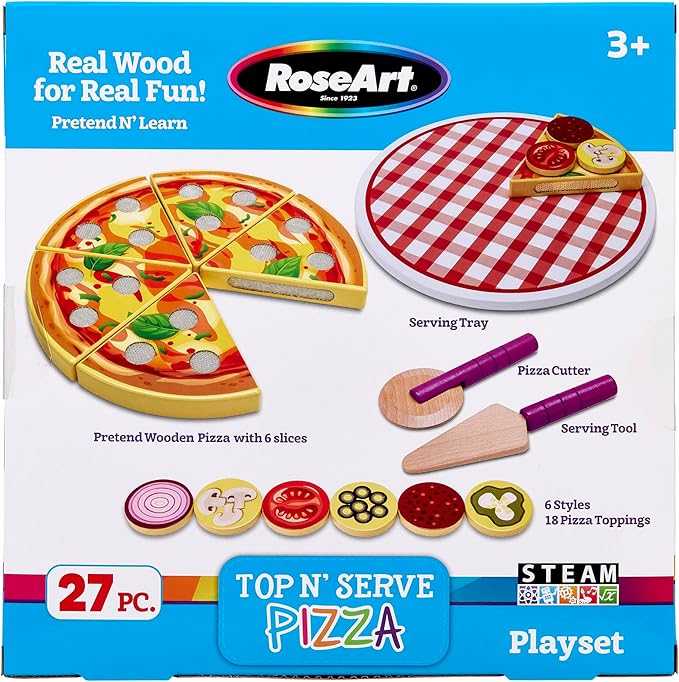 RoseArt Top n' Serve Wood Pizza Parlor Play Set 27pc Pretend Play Kitchen Gift, for Toddlers Ages 3 and Up